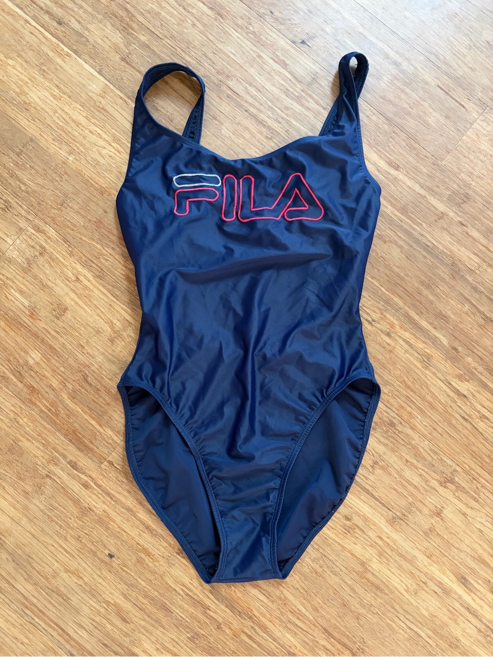 Vintage Fila Navy Blue Embroidered Logo One Piece Swimsuit High Cut Sz 12